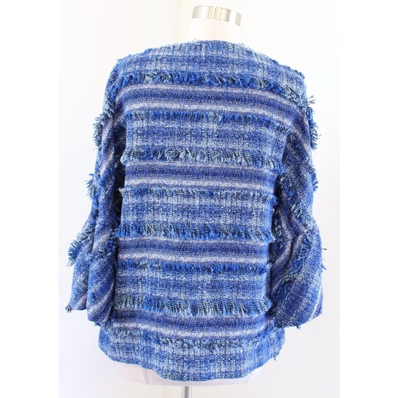 NWT J McLaughlin Linden Blue Striped Tweed Fringe Bell Sleeve Jacket Size L - Picture 8 of 10